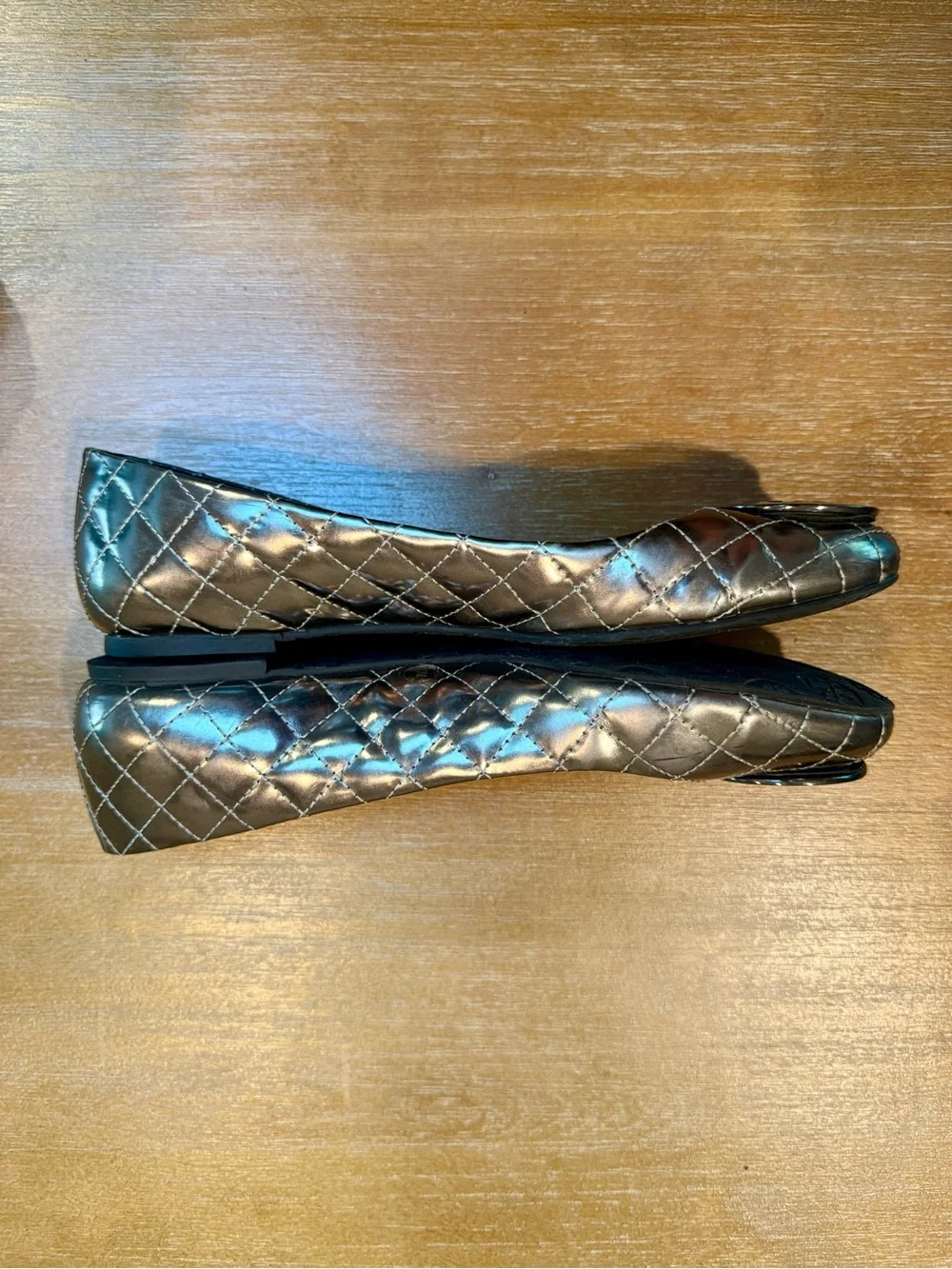 Tory‎ Burch Quinn Women’s Quilted Leather Ballet Flat Silver Metallic Size 10